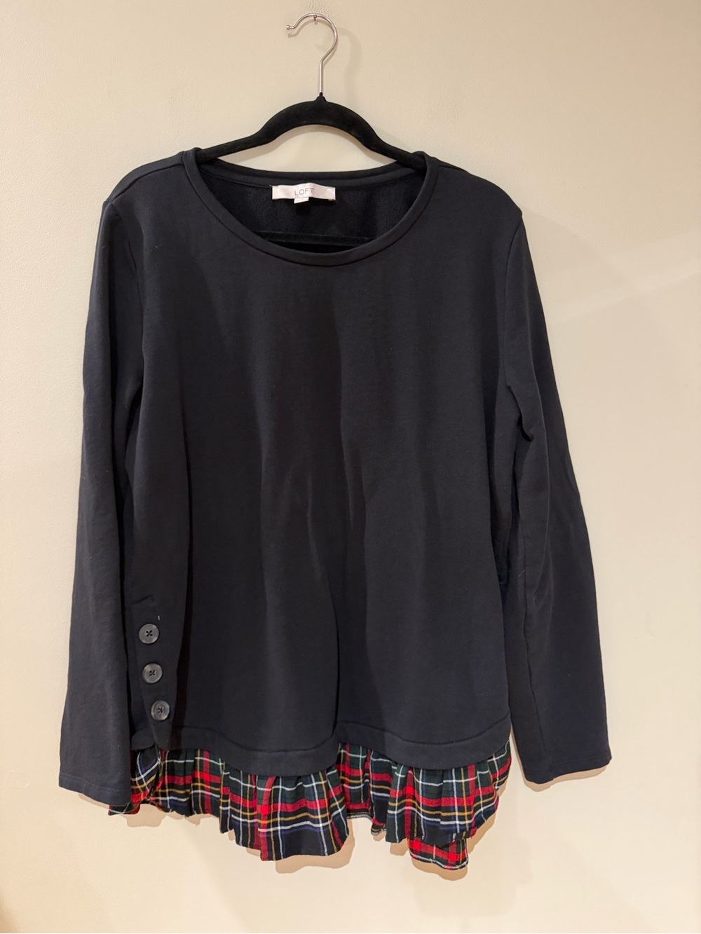 LOFT Mixed Media Plaid Layered Hem Top